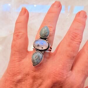 Rainbow Moonstone Larimar 925 Silver Plated Ring size 8
